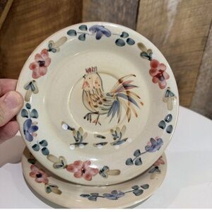 Gibson Home Handpainted Dishware Rooster Floral Country Saucers Set Of 2